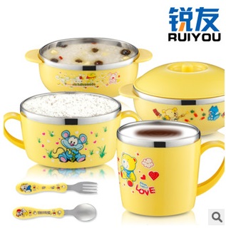 锐友韩式304不锈钢儿童碗正品防烫双层隔热宝宝卡通碗母婴餐具  隔热碗  儿童套装碗