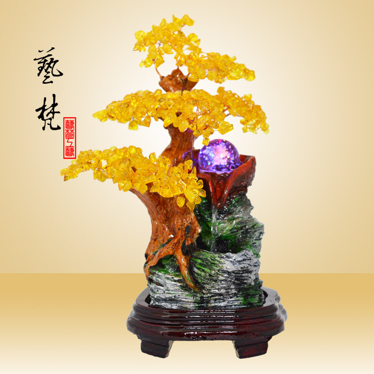 艺梵家居装饰树脂工艺品水景高山流水摆件新年创意商务礼品批发  招财树